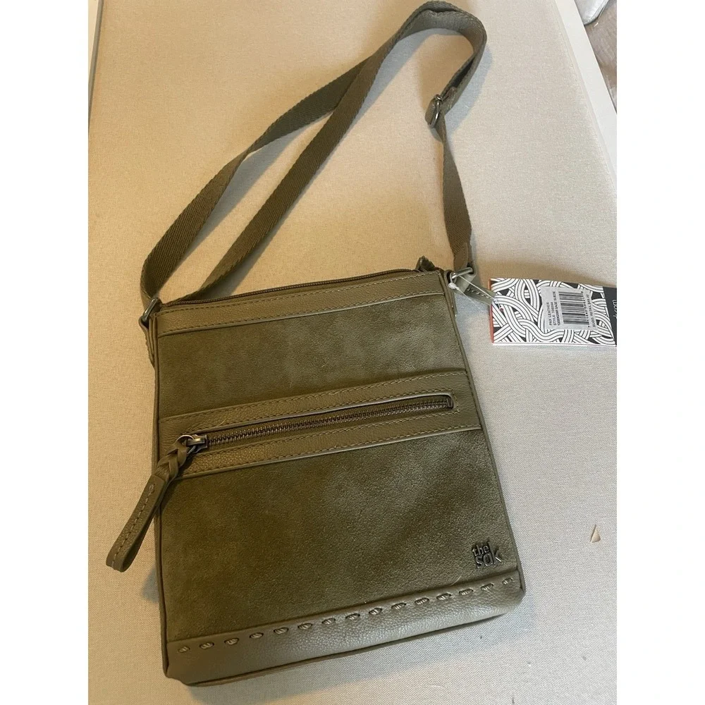 The Sak Sage Green Suede NEW Crossbody Shoulder‎ Bag Square Purse Leather